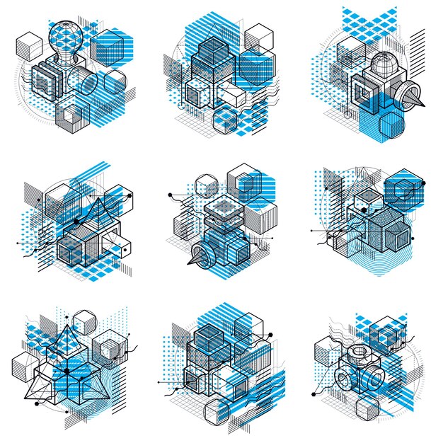 Abstract vector backgrounds with isometric lines and shapes. Cubes, hexagons, squares, rectangles and different abstract elements. Vector collection.