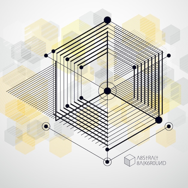 abstract vector geometric isometric yellow background. mechanical scheme, vector engineering drawing with cube and geometric mechanism parts.