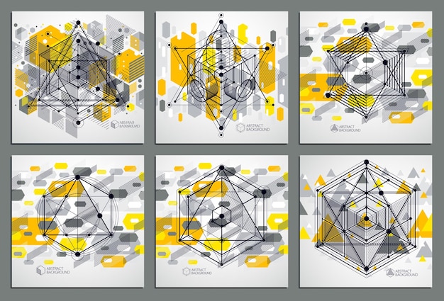 Abstract vector geometric isometric yellow backgrounds set. Mechanical scheme, vector engineering drawing with cube and geometric mechanism parts.