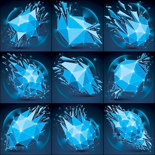 Abstract vector low poly wrecked objects with connected lines and dots. Set of 3d digital broken futuristic forms with lines mesh and fractures. Light effect and glow elements. Sparkling objects.