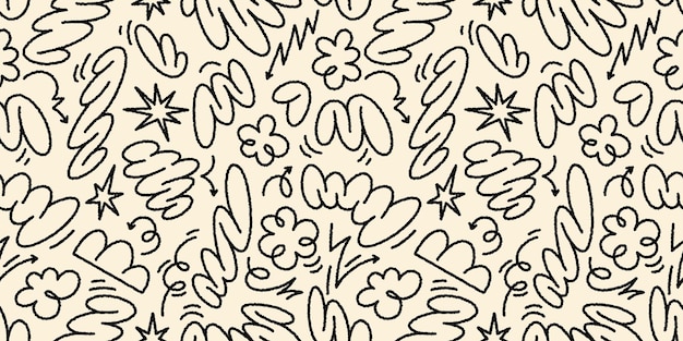 Abstract vector seamless pattern with floral shapes groovy doodles and squiggle lines