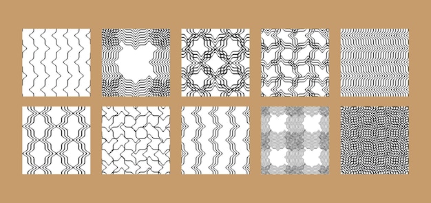 Abstract wave striped and checkered seamless patterns set