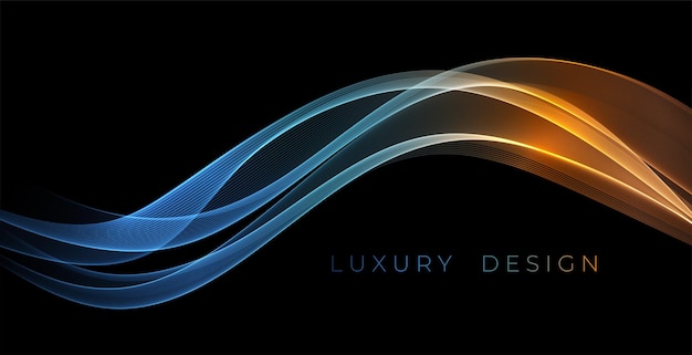 Abstract Waves. Shiny blue moving lines design element on dark background for greeting card and disqount voucher.