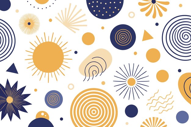 Abstract White Backdrop with Circles Triangles Floral Sun and Spiral Elements