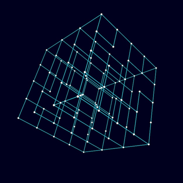 Abstract wireframe cube whith connection dots and lines Digital blockchain concept and data transfer system Storage cells of datas Vector illustration