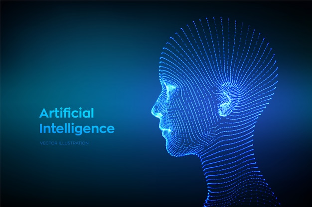 Abstract wireframe digital human face. Human head in robot digital computer interpretation