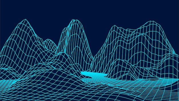 Abstract wireframe landscape on blue background Technology vector grid Digital futuristic wave