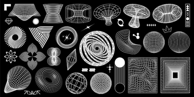 Abstract y2k geometric shapes and 3d wireframe models isolated on black background Set of retro fut