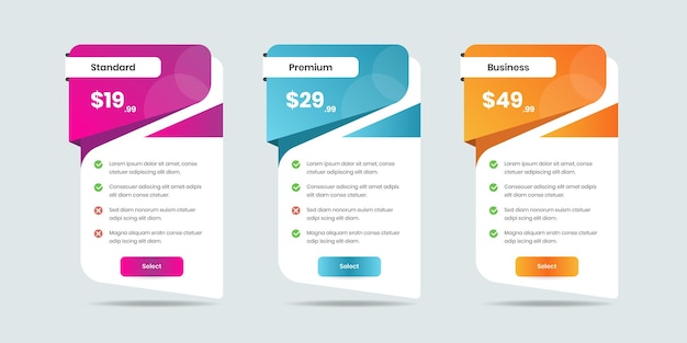 abstractly designed pricing comparison table with gradient for business subscription