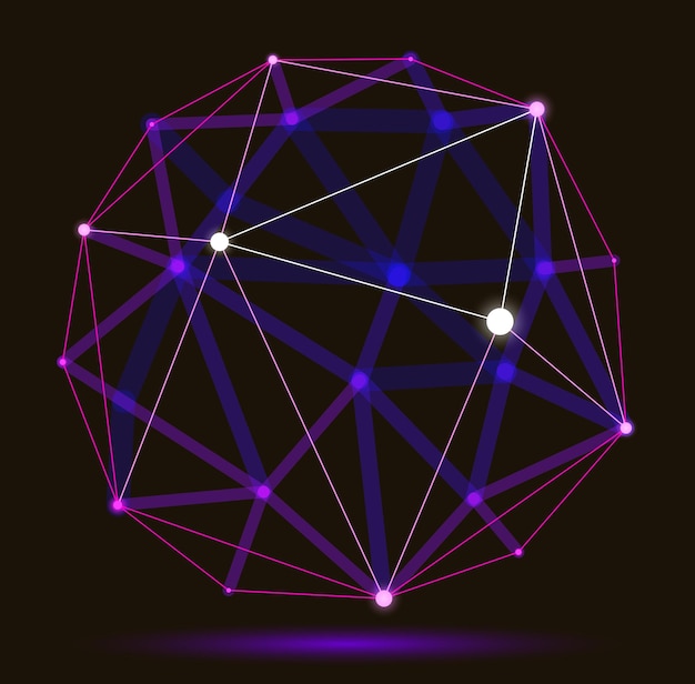 Abstrakt 3D mesh kugle vektor illustration, prikker forbundet med linjer teknologi polygonal objekt, dynamisk tech og videnskab gitter, med realistisk dybdeskarphed effekt.