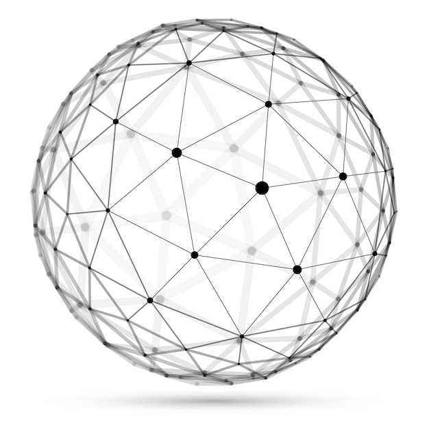 Abstrakt 3D-nätssfär, vektorillustration, punkter sammanlänkade med linjer, polygonal teknikobjekt isolerat på vit bakgrund, dynamiskt nät med realistisk skärpedjupseffekt.