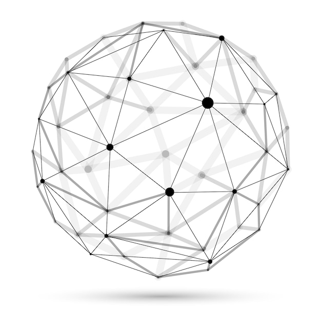 Abstrakt 3D-nätssfär, vektorillustration, punkter sammanlänkade med linjer, polygonal teknikobjekt isolerat på vit bakgrund, dynamiskt nät med realistisk skärpedjupseffekt.