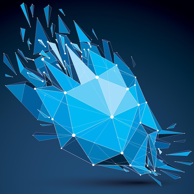 Abstrakt 3d origami figur med forbundne hvide linjer og prikker. Vektor lav poly knust designelement med brud og partikler. Eksplosionseffekt nedbrudt blå form.