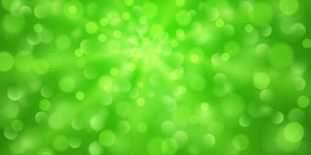 Abstrakt bakgrund i gröna färger med divergerande ljusstrålar och små genomskinliga cirklar med bokeh-effekt