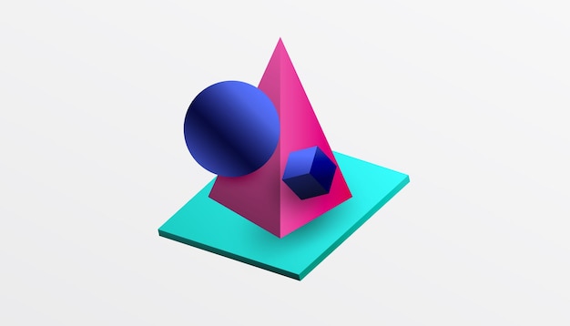 Abstrakt design med isometriske terninger, pyramider, kvadrater og kugler i et levende 3D-layout. Moderne og dynamisk – perfekt til teknisk design eller futuristiske temaer.