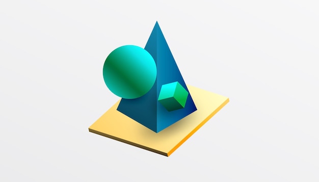 Abstrakt design med isometriske terninger, pyramider, kvadrater og kugler i et levende 3D-layout. Moderne og dynamisk – perfekt til teknisk design eller futuristiske temaer.