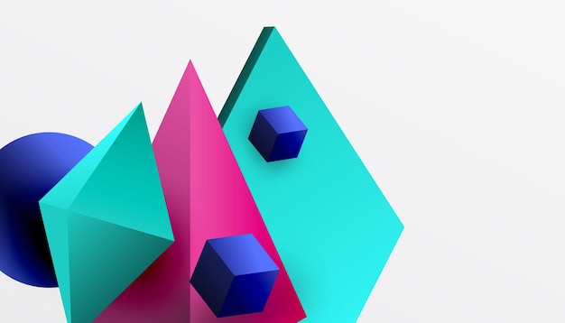 Abstrakt design med isometriske terninger, pyramider, kvadrater og kugler i et levende 3D-layout. Moderne og dynamisk – perfekt til teknisk design eller futuristiske temaer.