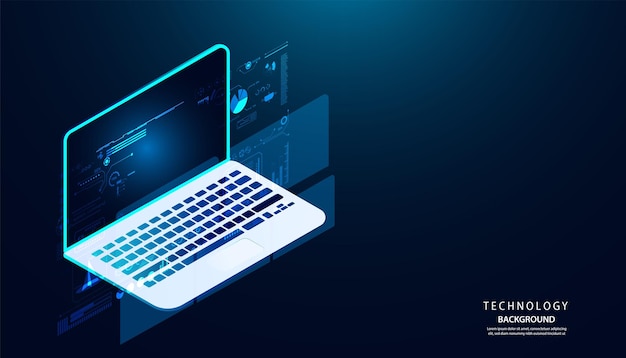 Abstrakt laptop koncept kommunikationsbehandling analyse kommer ud som et hologram til at analysere