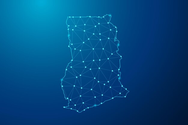 Abstrakt mash-linje og punkt med kort over Ghana polygonal netværkslinjevektor.