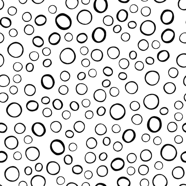 Abstrakt monokromt sömlöst mönster med cirkel runda former element på vit bakgrund. Handritad enkel designtruktur med kaotiska former. Vektorillustration