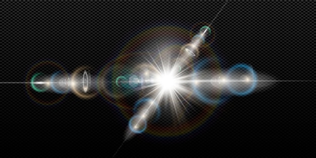 Abstrakt transparent sollys med speciel linseflare-lyseffekt. Sløring i bevægelse og skær. Isoleret transparent baggrund. Horisontale stjerneudbrudsstråler og spotlight.
