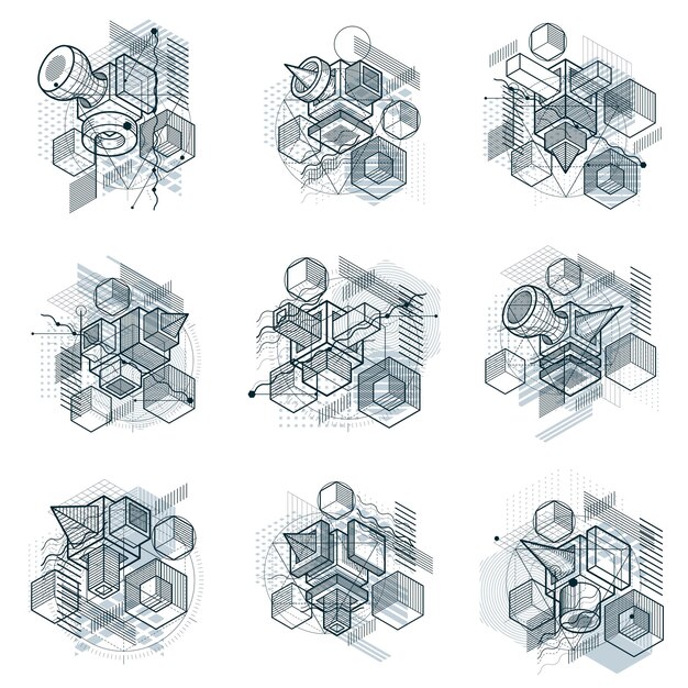 Abstrakta bakgrunder med isometriska element, linjär vektorkonst med linjer och former. Kuber, hexagoner, kvadrater, rektanglar och olika abstrakta element. Vektoruppsättning.