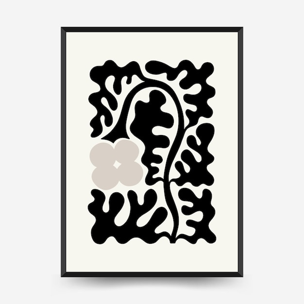 Abstrakta mörka blomsteraffischer, modern trendig Matisse minimal stil, svarta och vita färger
