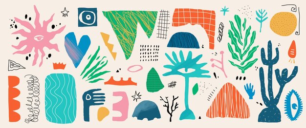 Abtract doodle shapes scribble graphic elements with trendy textures kit geometric and organic