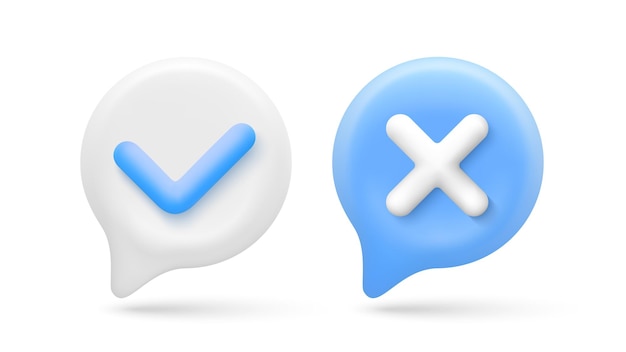 Accept and reject icons in 3d cartoon style Check mark and cross on speech bubbles