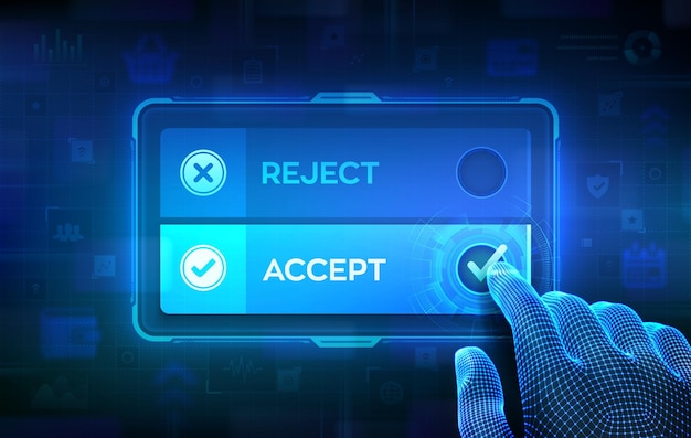 Accept or Reject Decision or choice between accepting or rejecting Hand ticking the check mark