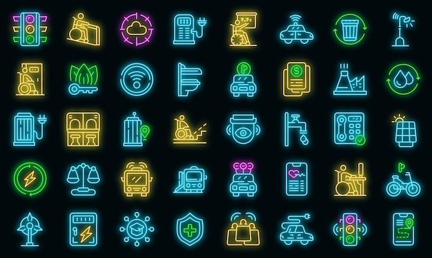 Accessible environment icons set. Outline set of Accessible environment vector icons neon color on black