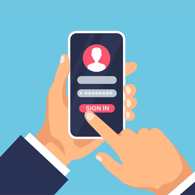 Account login and password Signing up user data on a smartphone app Secure your phone Vector