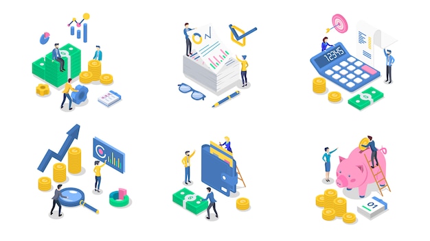 accounting and audit isometric color  illustration set. business analytics and planning. salary payment. saving money. banking. bookkeeping. investment. 3d concept  on white background