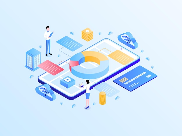 Accounting Management Isometric Light Gradient Illustration. Suitable for Mobile App, Website, Banner, Diagrams, Infographics, and Other Graphic Assets.
