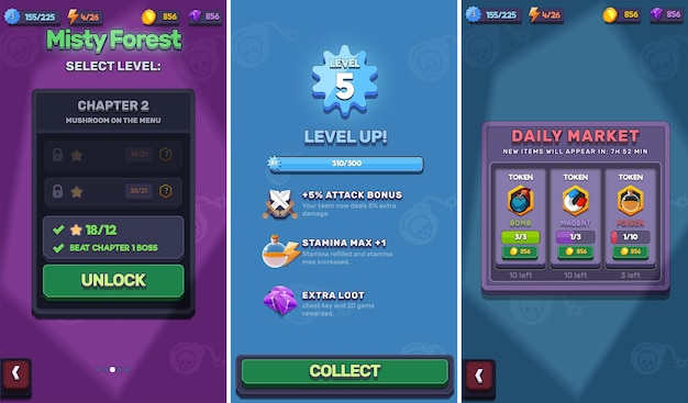Action Game Ui Kit will Menus pop up screens and Game elements