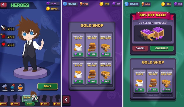 Action Game Ui Kit will Menus pop up screens and Game elements