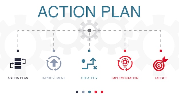 Action plan improvement strategy implementation target icons Infographic design template Creative concept with 5 steps