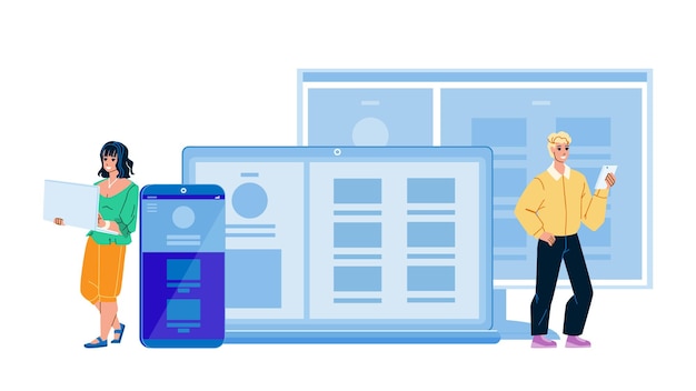 Adaptive Interface Developing Programmers Vector. Young Man And Woman Designers And Developers Making Adaptive Interface For Web Site. Characters Programming Internet Website Flat Cartoon Illustration