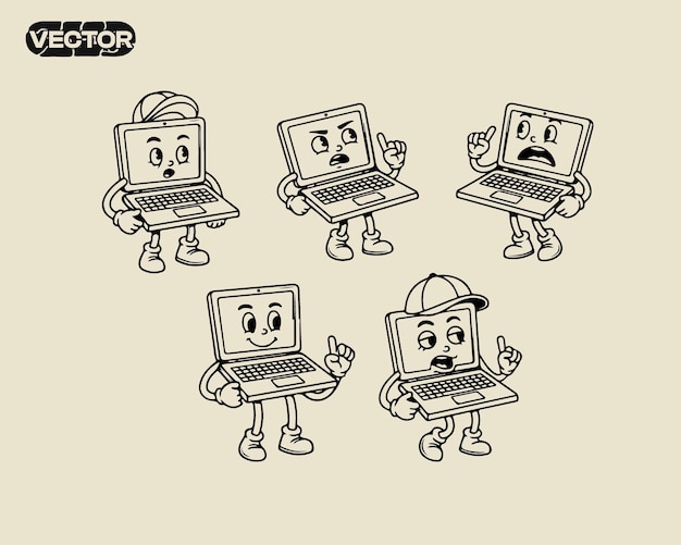 Adorable Laptop Character Illustrations Five Fun Expressions