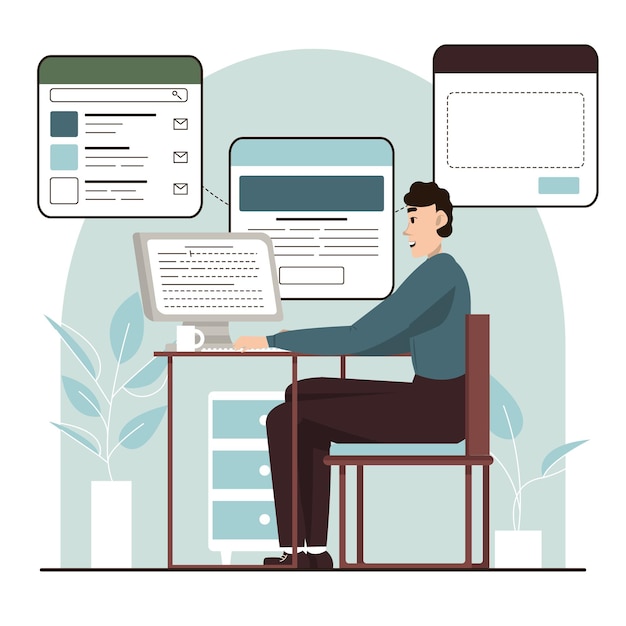 Adult man sitting at table near computer and looking at monitor searching on website job offers