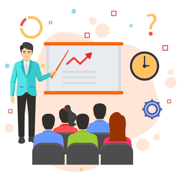 Adult Training and Development classroom scene Concept, hrm symbol, Manager giving presentation