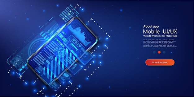 Advanced Digital Analytics Dashboard Displayed on Sleek Smartphone with Holographic Data Visualizations on Deep Blue Backdrop Smartphone with business graph and analytics data top view Vector