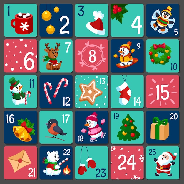 advent calendar gifts numbers cute holiday card windows christmas kids creative presents xmas decoration prints december childish countdown garish vector play