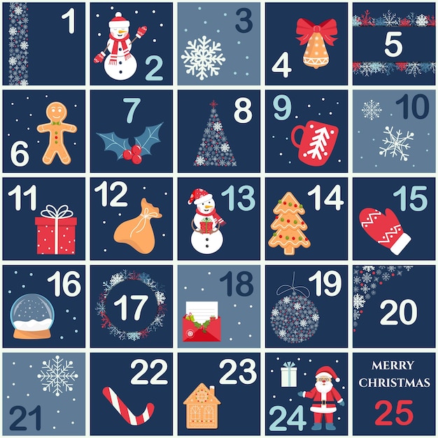 Advent calendar with symbol of Christmas Vector countdown to Xmas with numbers