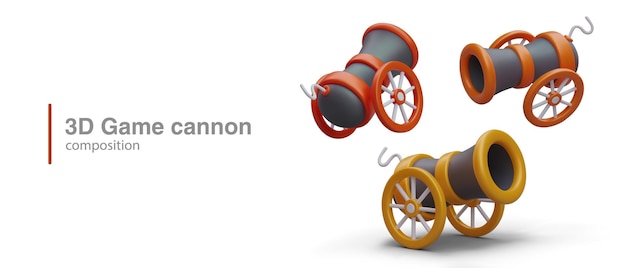 Advertising poster with elements for computer web game 3d realistic cannon