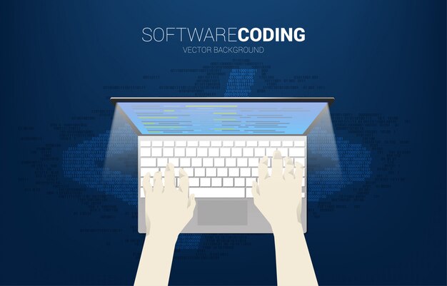 Affärsman klickar på datoranteckningsbok. Koncept för datorkodning och programmering.