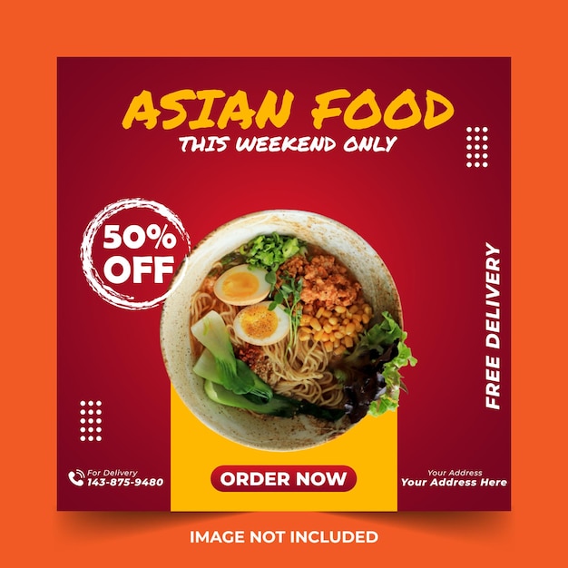 Affisch för sociala medier, asiatisk röd mat, kampanj, rabatt, meny, restaurang, röd flyer, digitala annonser