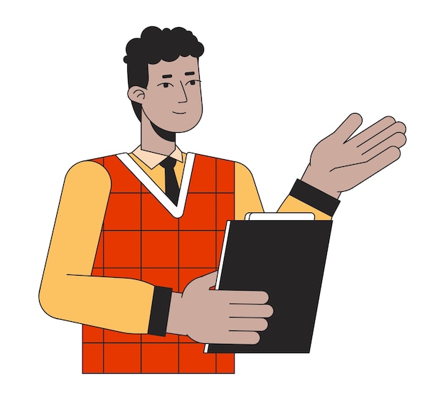 African american teacher holds book flat line color vector character Editable outline half body young adult man explainson white Simple cartoon spot illustration for web graphic design