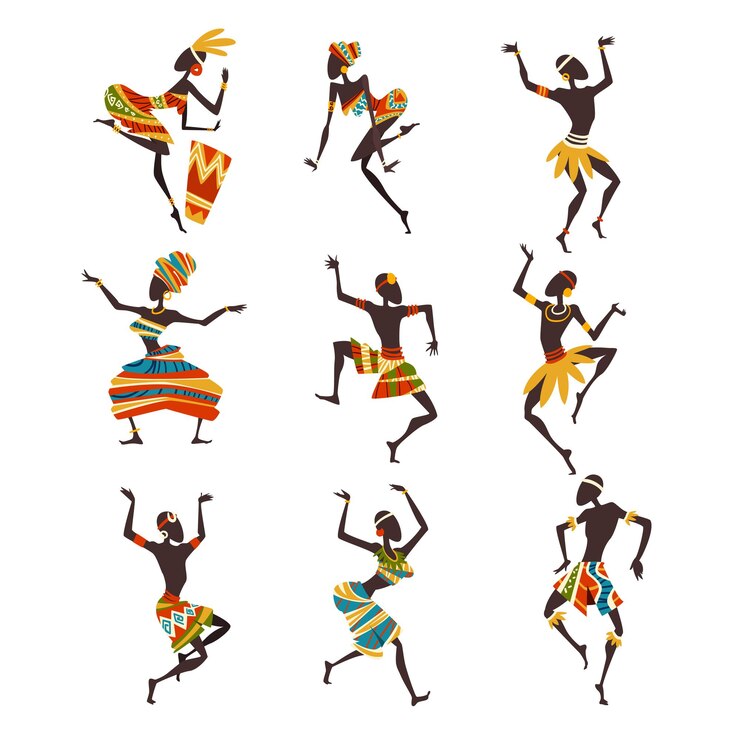 Vektör african people dancing folk or ritual dance set female and male aboriginal dancers in bright ornamented ethnic clothing vector illustration on white background