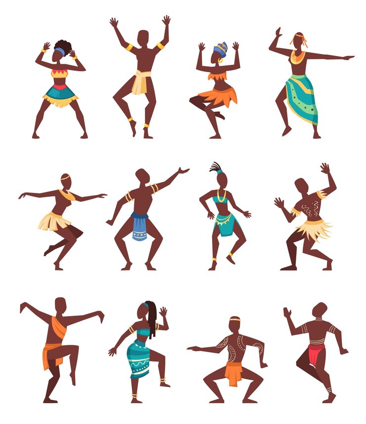 Vektör afrika ritüel dansı antik geleneksel tören karikatür yerli etnik dansçılar vektör çizgi film karakterleri